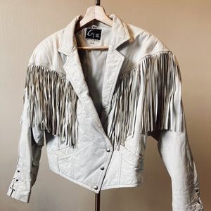 Vintage White Leather Jacket With Fringe